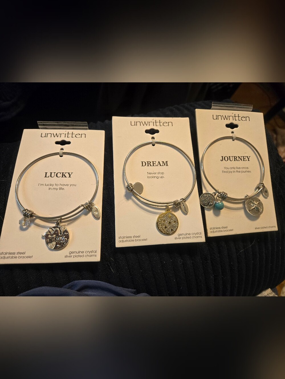 Unwritten Adjustable Charm Bangle Bracelets - Set of 3 (Lucky, Dream, Journey)